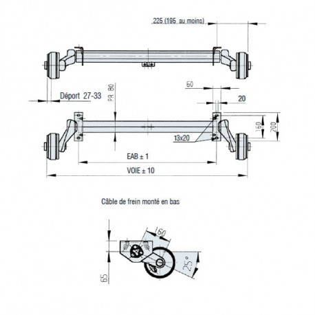 Essieu arrière AL-KO freiné 900kg EAB 1040 Voie 1490mm 4x100