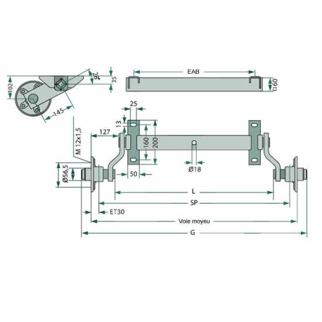 Essieu 750 kg bpw swing entraxe 1000mm